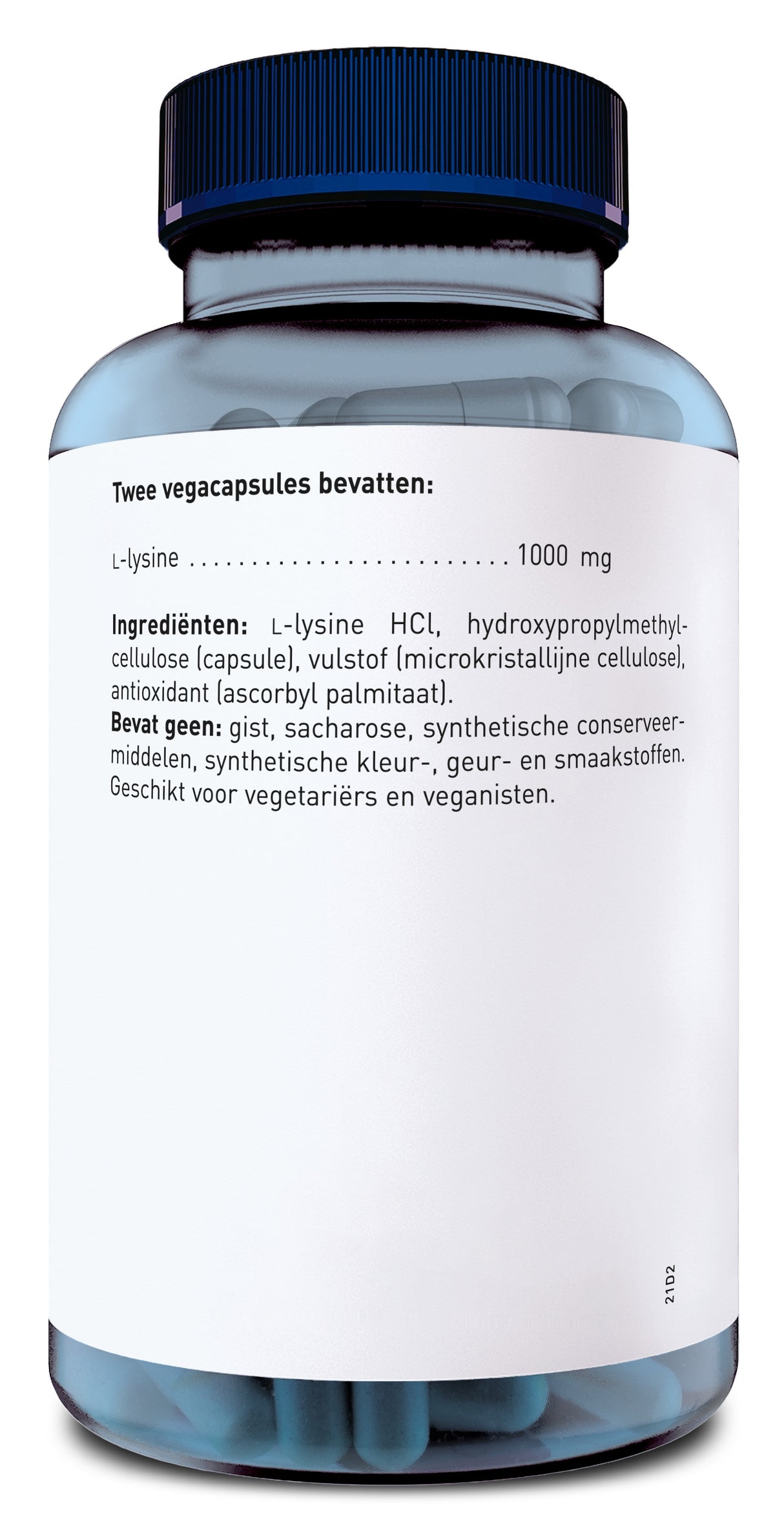 Eine transparente Flasche mit blauen Kapseln und einem blauen Deckel. Das Etikett zeigt die Inhaltsstoffe auf Niederländisch: L-Lysin HCL, Hydroxypropylmethylcellulose, mikrokristalline Cellulose, Ascorbylpalmitat. Für Vegetarier und Veganer geeignet.