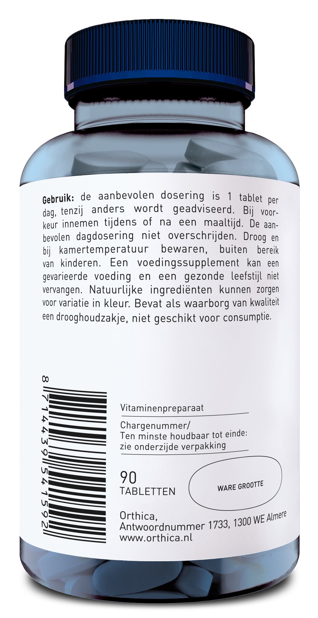 Das Bild zeigt eine Flasche mit Nahrungsergänzungsmitteln von der Marke Orthica. Die Flasche hat einen blauen Deckel und enthält 90 Tabletten. Auf dem Etikett sind Gebrauchsanweisungen auf Niederländisch zu lesen. Der Barcode und die Adresse des Herstellers in Almere, Niederlande, sind ebenfalls sichtbar.