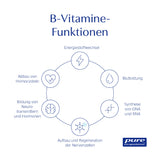 Das Bild zeigt eine Infografik mit dem Titel 'B-Vitamine-Funktionen'. In der Mitte befinden sich sechs Symbole in einem Kreis, die verschiedene Funktionen beschreiben: Energiestoffwechsel, Blutbildung, Synthese von DNA und RNA, Aufbau und Regeneration der Nervenzellen, Bildung von Neurotransmittern und Hormonen, Abbau von Homocystein. Am unteren rechten Rand ist das Logo von 'pure encapsulations' zu sehen.