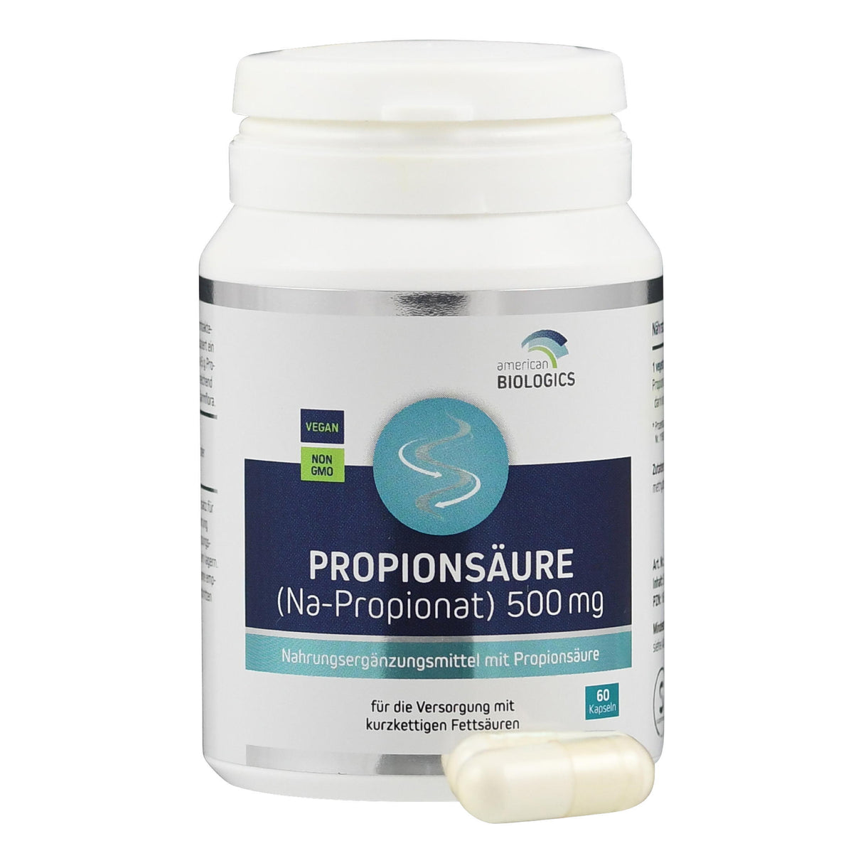 Eine weiße Plastikflasche mit dem Etikett 'Propionsäure (Na-Propionat) 500 mg' von American Biologics. Die Flasche ist vegan und nicht genetisch modifiziert. Auf dem Etikett sind Symbole für vegan und nicht-GMO zu sehen. Eine weiße Kapsel liegt neben der Flasche.