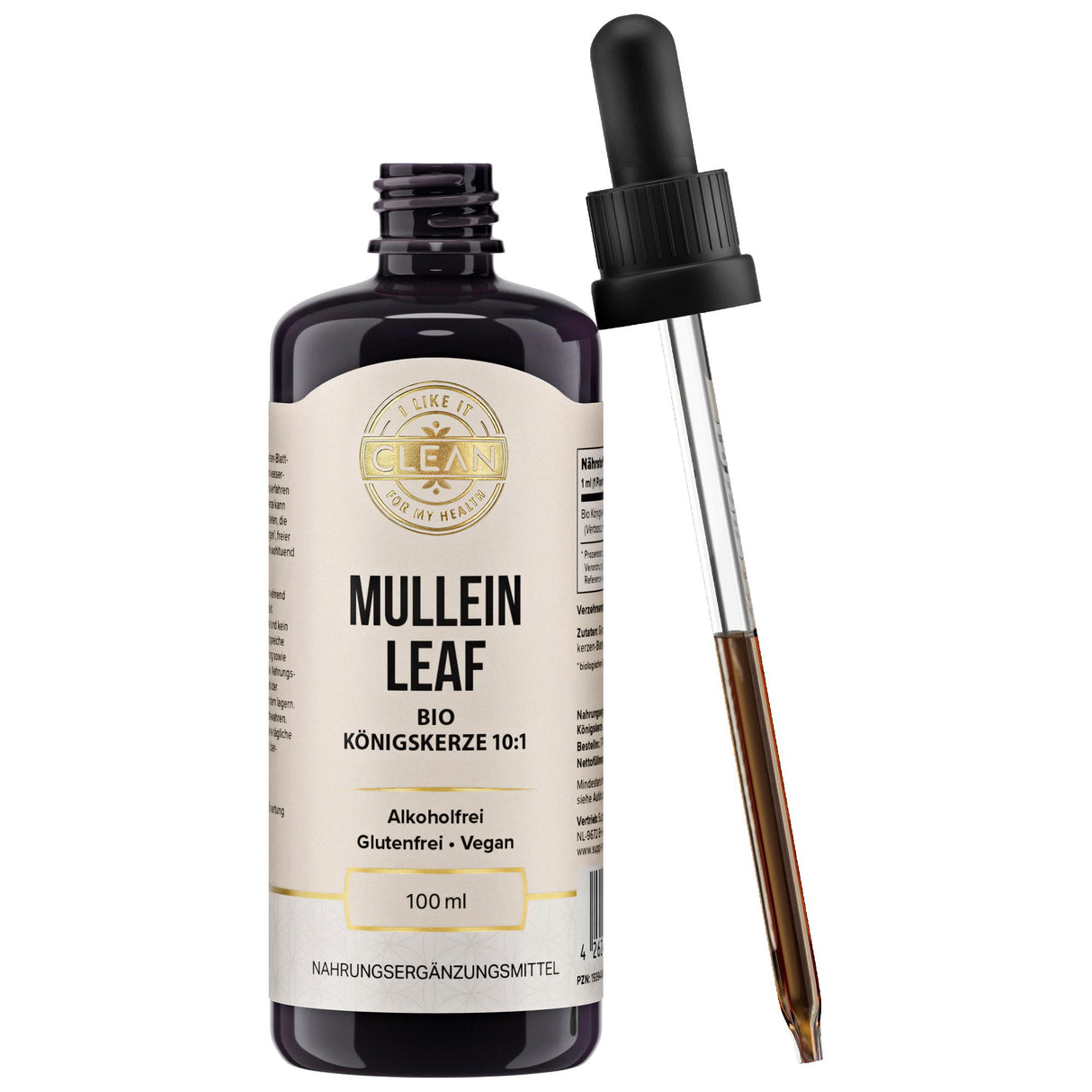 Die Abbildung zeigt eine dunkelviolette Flasche mit Pipette, die als "Mullein Leaf Bio Königskerze 10:1" gekennzeichnet ist. Sie ist alkoholfrei, glutenfrei und vegan. Textbeschreibungen um die Flasche heben hervor: hoher Gehalt an bioaktiven Inhaltsstoffen, alkoholfreier Extrakt, reich an Saponinen, Flavonoiden und ätherischen Ölen, nur Blätter für maximale Wirksamkeit, Anwendung als Tee, Tinktur oder Sirup, traditionell zur Unterstützung der Atemwege. Der Hintergrund ist beige.
