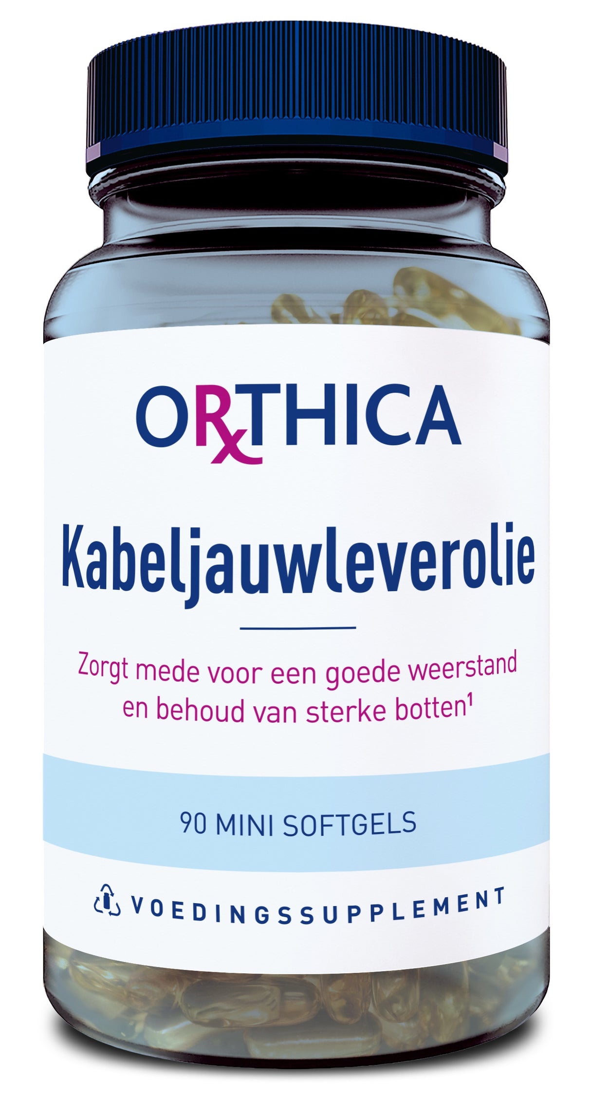 Das Bild zeigt eine Flasche mit dem Aufdruck 'Orthica Kabeljauwleverolie'. Die Flasche enthält 90 Mini-Softgels. Auf der Flasche steht, dass das Produkt hilft, die Widerstandskraft zu stärken und starke Knochen zu erhalten.