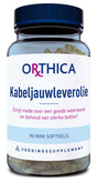 Das Bild zeigt eine Flasche mit dem Aufdruck 'Orthica Kabeljauwleverolie'. Die Flasche enthält 90 Mini-Softgels. Auf der Flasche steht, dass das Produkt hilft, die Widerstandskraft zu stärken und starke Knochen zu erhalten.