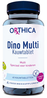 Das Bild zeigt eine Flasche mit dem Etikett 'Orthica Dino Multi Kauwtablet'. Die Flasche enthält 60 Kautabletten für Kinder, mit Himbeergeschmack und ist vegetarisch. Das Etikett ist in Blau- und Rosatönen gehalten.
