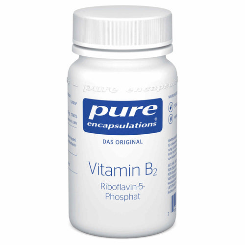 Das Bild zeigt eine weiße Flasche mit dem Etikett 'pure encapsulations Vitamin B2 Riboflavin-5-Phosphat'. Die Flasche ist für Nahrungsergänzungsmittel. Auf dem Etikett steht 'Das Original'.