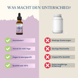 Ein Vergleich zwischen zwei Produkten: links ein Oregano-Öl mit Vorteilen wie hohe Dosierung und Qualität seit 1973, rechts ein anonymes Produkt mit Nachteilen.