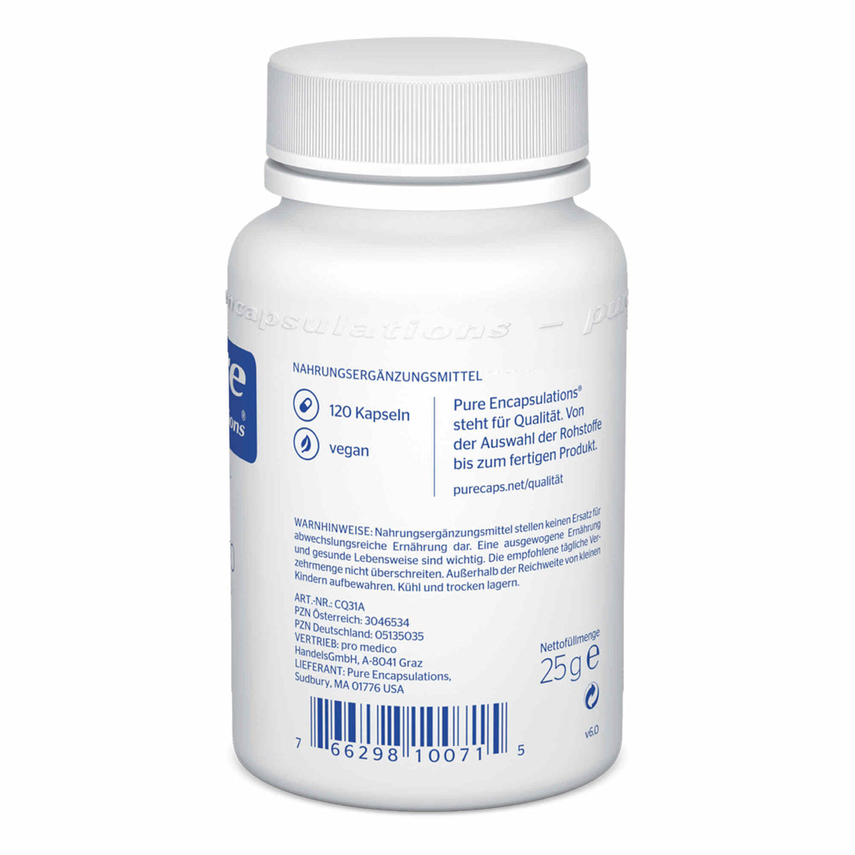 Eine weiße Plastikflasche mit einem Etikett, das Informationen über ein Nahrungsergänzungsmittel enthält. Auf dem Etikett steht „Pure Encapsulations“, „120 Kapseln“, „vegan“ und es gibt eine URL. Die Flasche hat einen Barcode und wiegt netto 25g. Weitere Details sind Adresse und Warnhinweise.