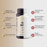 Eine dunkelviolette Plastikflasche mit einem beigen Etikett, das die Aufschrift 'Brain Booster' und 'Cognivia' trägt. Die Flasche enthält 90 glutenfreie, biologische und vegane Kapseln. Das Etikett zeigt auch das 'Clean' Logo und weitere Produktinformationen.