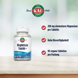 KAL Magnesium Taurate+ Flasche auf Tisch. Text: 200 mg Magnesium pro Tablette, hohe Bioverfügbarkeit, 90 vegane Tabletten pro Packung.