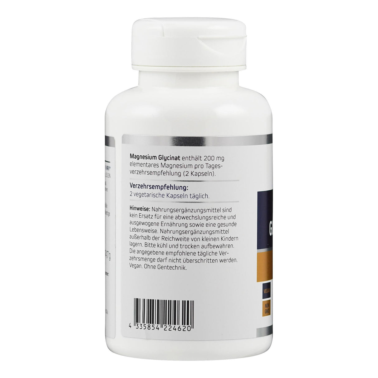 Das Bild zeigt eine weiße Plastikflasche mit einem Etikett, das Informationen über Magnesium Glycinat enthält. Auf dem Etikett steht, dass die empfohlene Tagesdosis 200 mg Magnesium beträgt, verteilt auf 2 Kapseln. Es gibt auch Hinweise zur Einnahme und Lagerung. Ein Barcode ist sichtbar.