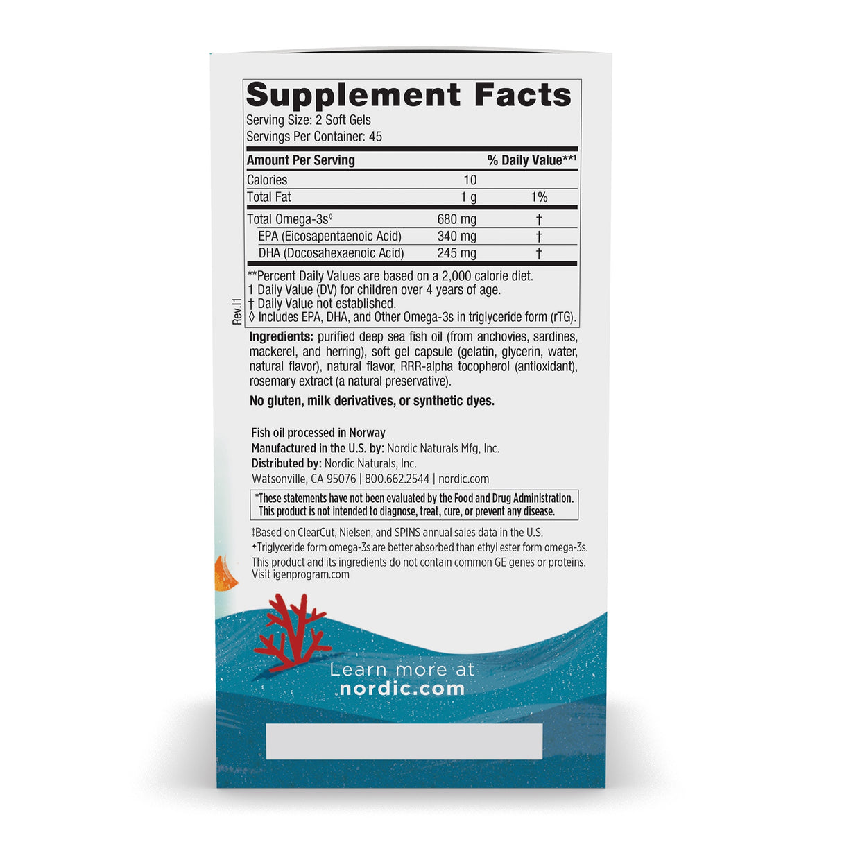 Nahrungsergänzungsmittel Faktenetikett für Omega-3-Gelkapseln. Enthält EPA, DHA, keine Gluten oder synthetische Farbstoffe. Hergestellt in den USA.