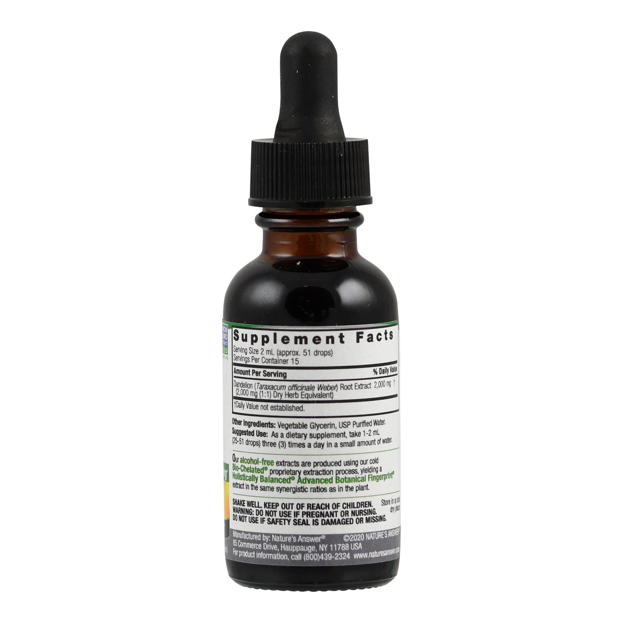 Das Bild zeigt eine braune Glasflasche mit Pipette, die Nahrungsergänzungsmittel enthält. Das Etikett ist mit "Supplement Facts" und weiteren Inhaltsangaben beschriftet.