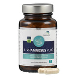 Braunglasflasche mit silbernem Deckel, Etikett "L-Rhamnosus Plus", vegan, non-GMO, 60 Kapseln, Nahrungsergänzungsmittel.
