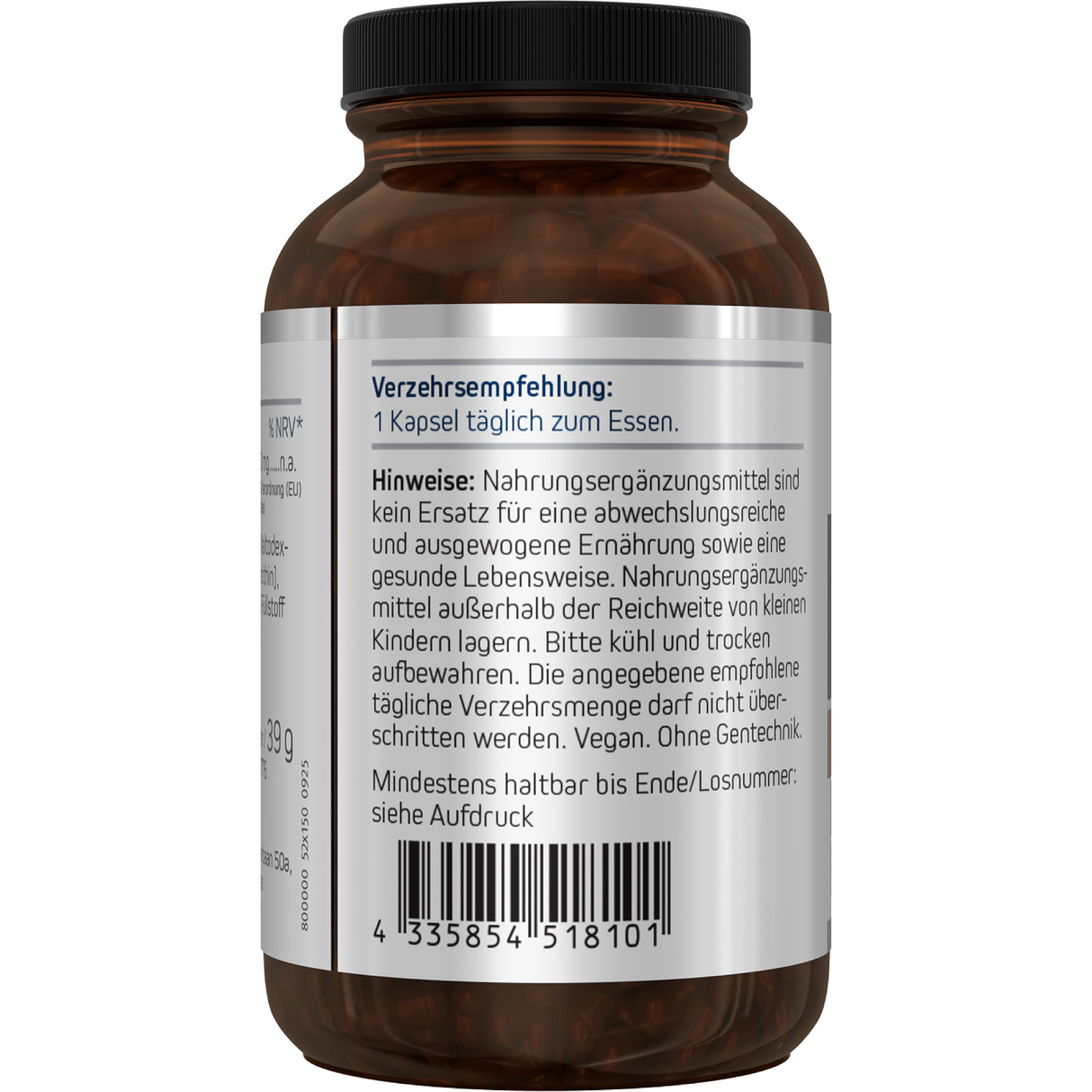 Das Bild zeigt eine braune Glasflasche mit schwarzem Deckel und einem Etikett, auf dem „Liposomales Glutathion“ steht. Es ist ein Nahrungsergänzungsmittel von American Biologics. Vor der Flasche liegen zwei weiße Kapseln.