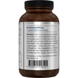 Das Bild zeigt eine braune Glasflasche mit schwarzem Deckel und einem Etikett, auf dem „Liposomales Glutathion“ steht. Es ist ein Nahrungsergänzungsmittel von American Biologics. Vor der Flasche liegen zwei weiße Kapseln.