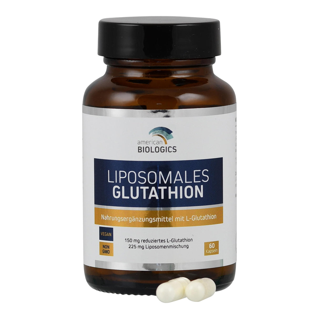 Das Bild zeigt eine braune Glasflasche mit schwarzem Deckel und einem Etikett, auf dem „Liposomales Glutathion“ steht. Es ist ein Nahrungsergänzungsmittel von American Biologics. Vor der Flasche liegen zwei weiße Kapseln.