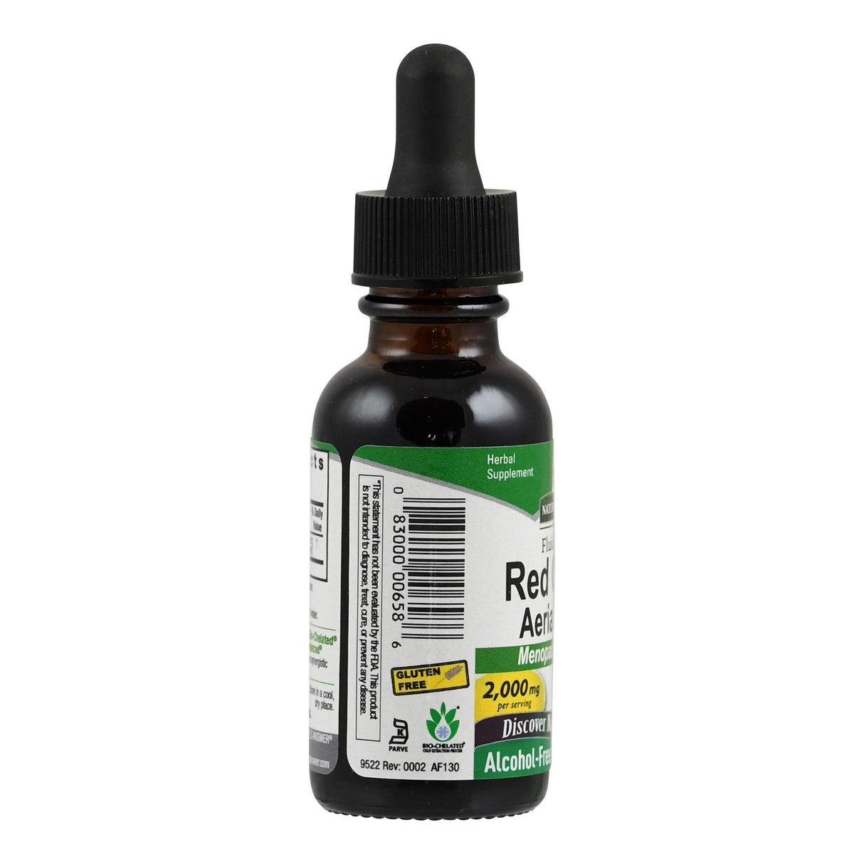 Eine braune Glasflasche mit Pipette, auf der ein Etikett mit der Aufschrift "Red Clover" zu sehen ist. Das Etikett ist grün und weiß und enthält Informationen über den Inhalt, wie "Alcohol-Free" und "Gluten-Free". Die Flasche steht vor einem weißen Hintergrund.