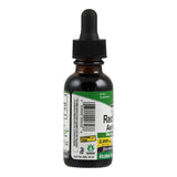 Eine braune Glasflasche mit Pipette, auf der ein Etikett mit der Aufschrift "Red Clover" zu sehen ist. Das Etikett ist grün und weiß und enthält Informationen über den Inhalt, wie "Alcohol-Free" und "Gluten-Free". Die Flasche steht vor einem weißen Hintergrund.