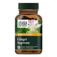 Das Bild zeigt eine Flasche des Nahrungsergänzungsmittels "Ginger Supreme" von Gaia Herbs. Die Flasche ist braun und hat einen grünen Deckel. Auf dem Etikett steht "Digestive Support" und ein Bild einer Ingwerblüte ist abgebildet. Es sind 60 vegane Flüssigkapseln enthalten.