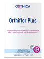 Die Verpackung von Orthica Orthiflor Plus, einem Nahrungsergänzungsmittel, ist abgebildet. Auf weißem Hintergrund steht der Markenname oben, darunter der Produktname. Es wird als probiotische Mischung mit neun Bakterienstämmen beschrieben. Unten sind Details zu den 30 Beuteln à 3 Gramm Pulver zu sehen. Vegetarisch und mit Pro-Motor Probiotika gekennzeichnet.