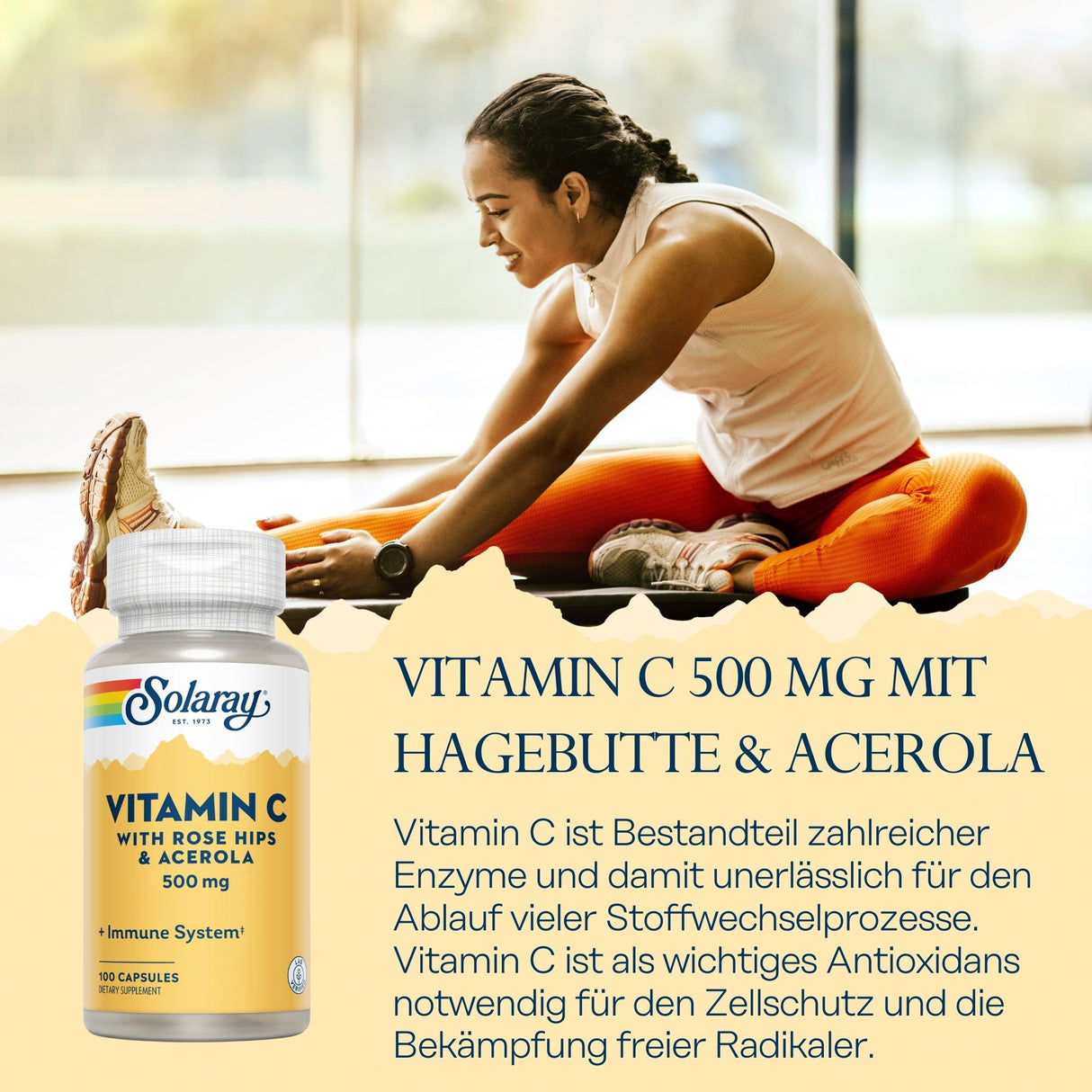Eine Frau dehnt sich auf dem Boden, daneben eine Flasche Solaray Vitamin C mit Hagebutte und Acerola. Text beschreibt die Vorteile von Vitamin C.