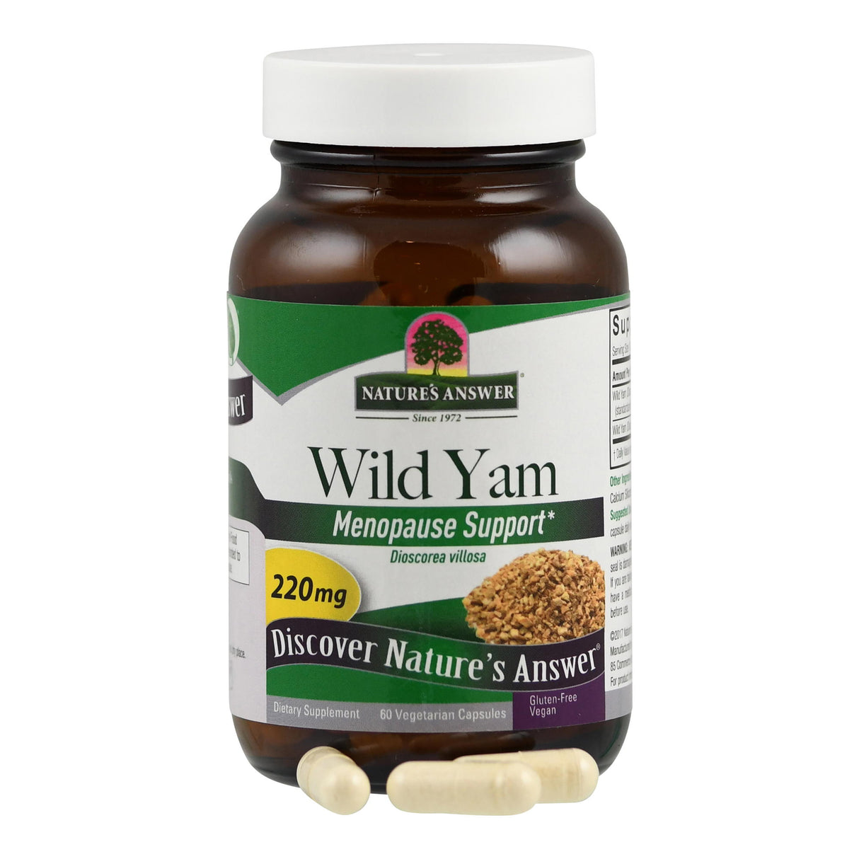 Ein Glasbehälter mit der Aufschrift 'Nature's Answer Wild Yam Menopause Support' steht aufrecht. Der Behälter enthält 60 vegetarische Kapseln, die zur Unterstützung der Menopause gedacht sind. Die Verpackung ist grün und weiß mit einem Bild von Wild Yam.