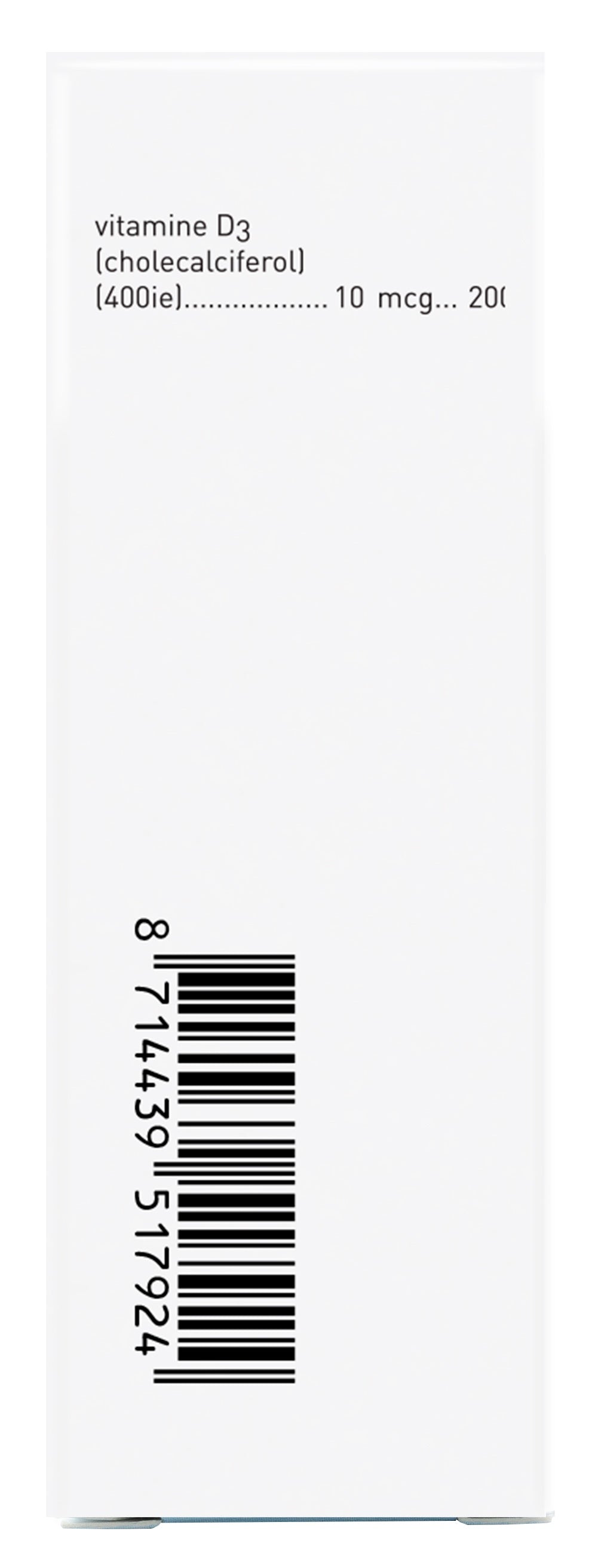 Das Bild zeigt die Seite einer weißen Verpackung mit der Aufschrift 'vitamine D3 (cholecalciferol) (400ie)'. Darunter stehen die Zahlen '10 mcg... 20('. Auf der linken Seite befindet sich ein Barcode mit der Nummer '8714439517924'.
