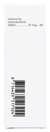 Das Bild zeigt die Seite einer weißen Verpackung mit der Aufschrift 'vitamine D3 (cholecalciferol) (400ie)'. Darunter stehen die Zahlen '10 mcg... 20('. Auf der linken Seite befindet sich ein Barcode mit der Nummer '8714439517924'.