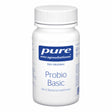 Eine weiße Plastikflasche mit Schraubverschluss, auf der Vorderseite steht 'pure encapsulations Probio Basic'. Die Flasche enthält Nahrungsergänzungsmittel mit 6 Bakterienstämmen. Das Logo ist blau und befindet sich oben auf der Flasche. Der Hintergrund ist weiß.