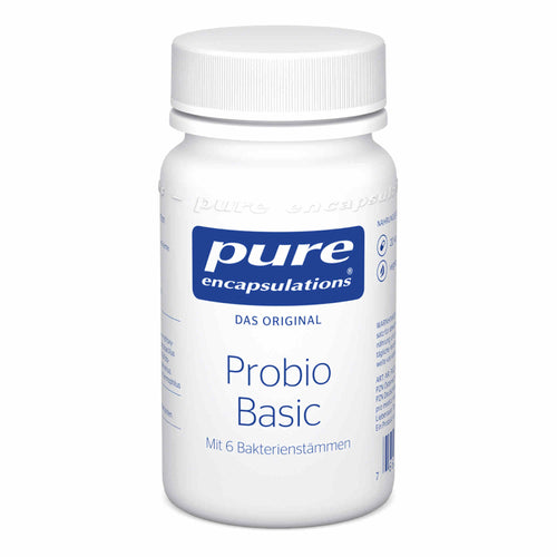 Eine weiße Plastikflasche mit Schraubverschluss, auf der Vorderseite steht 'pure encapsulations Probio Basic'. Die Flasche enthält Nahrungsergänzungsmittel mit 6 Bakterienstämmen. Das Logo ist blau und befindet sich oben auf der Flasche. Der Hintergrund ist weiß.