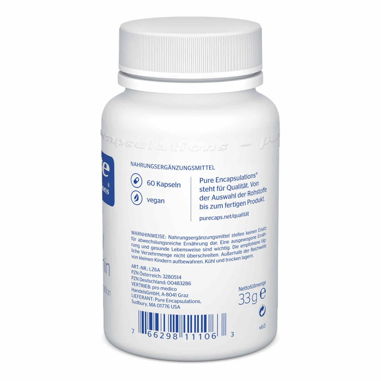 Eine weiße Flasche mit Nahrungsergänzungsmitteln der Marke Pure Encapsulations. Auf dem Etikett stehen Informationen wie '60 Kapseln', 'vegan', und ein Hinweis auf Qualität. Die Flasche hat einen Barcode und ein Gewicht von 33g. Hersteller- und Vertriebsinformationen sind vorhanden.