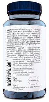 Eine blaue Kunststoffflasche mit weißem Etikett, auf dem Gebrauchsanweisungen und Inhaltsstoffe in niederländischer Sprache aufgedruckt sind. Enthält 120 Tabletten. Herstellerinformationen und Barcode sind ebenfalls sichtbar.