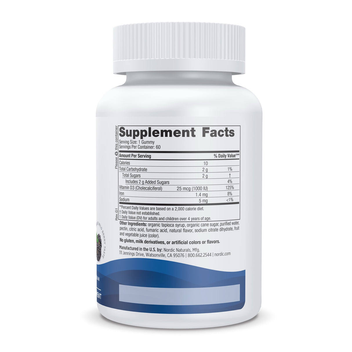 Flasche mit Supplement Facts Etikett, enthält Nährwertangaben für Vitamin D3 Gummis. Zutaten: organische Tapiokasirup, Rohrzucker, Wasser, Pektin.