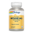 Das Bild zeigt eine Flasche des Nahrungsergänzungsmittels Solaray Betaine HCl mit Pepsin. Die Flasche ist weiß mit einem gelben Etikett, auf dem der Markenname und die Produktinformationen wie 'High Potency', '650 mg', und '100 VegCaps' stehen. Das Etikett enthält auch das Logo des Herstellers und einen Hinweis auf die Verdauungsgesundheit. Die Flasche hat einen weißen, geriffelten Deckel.