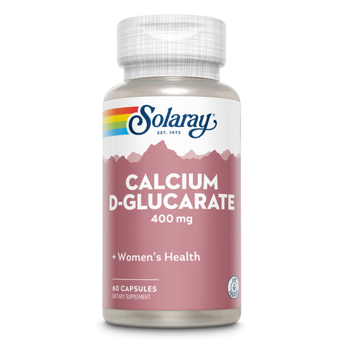 Eine Flasche mit dem Etikett 'Solaray Calcium D-Glucarate 400 mg'. Die Flasche ist rosa und weiß, mit einem Regenbogenstreifen oben. Der Text auf dem Etikett hebt die Vorteile für die Gesundheit von Frauen hervor. Enthält 60 Kapseln für Nahrungsergänzung.