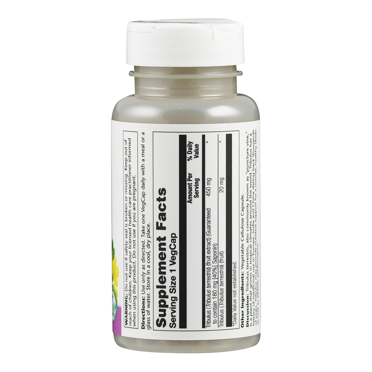 Eine weiße Plastikflasche mit einem Etikett, das Nahrungsergänzungsmittelinformationen zeigt. Das Etikett enthält Angaben zu Inhaltsstoffen und Dosierung. Die Flasche hat einen weißen Schraubverschluss.