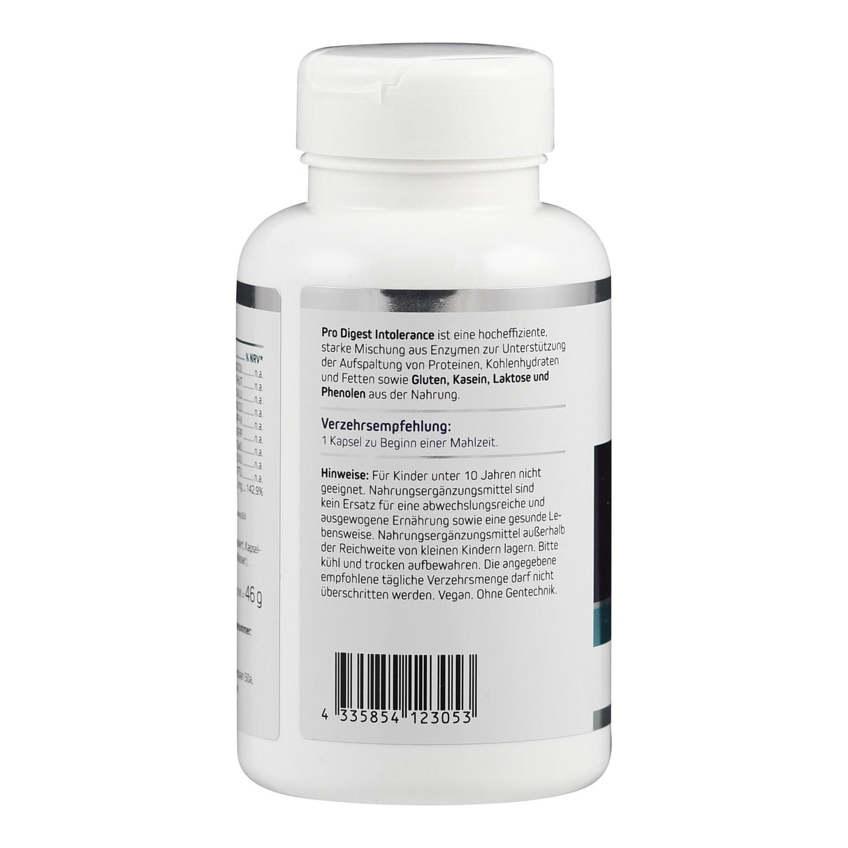 Flasche mit Nahrungsergänzungsmittel, Text beschreibt Enzyme zur Unterstützung der Verdauung von Gluten, Kasein, Laktose, Phenolen. Vegan, ohne Gentechnik.