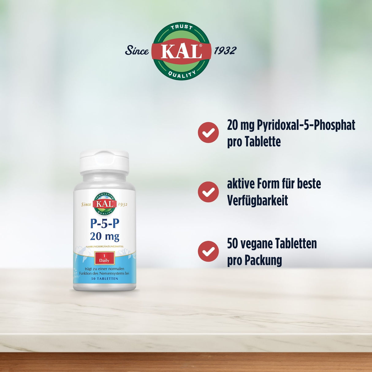 Kal P-5-P Nahrungsergänzungsmittel mit 20 mg Pyridoxal-5-Phosphat pro Tablette. Aktive Form, 50 vegane Tabletten pro Packung.