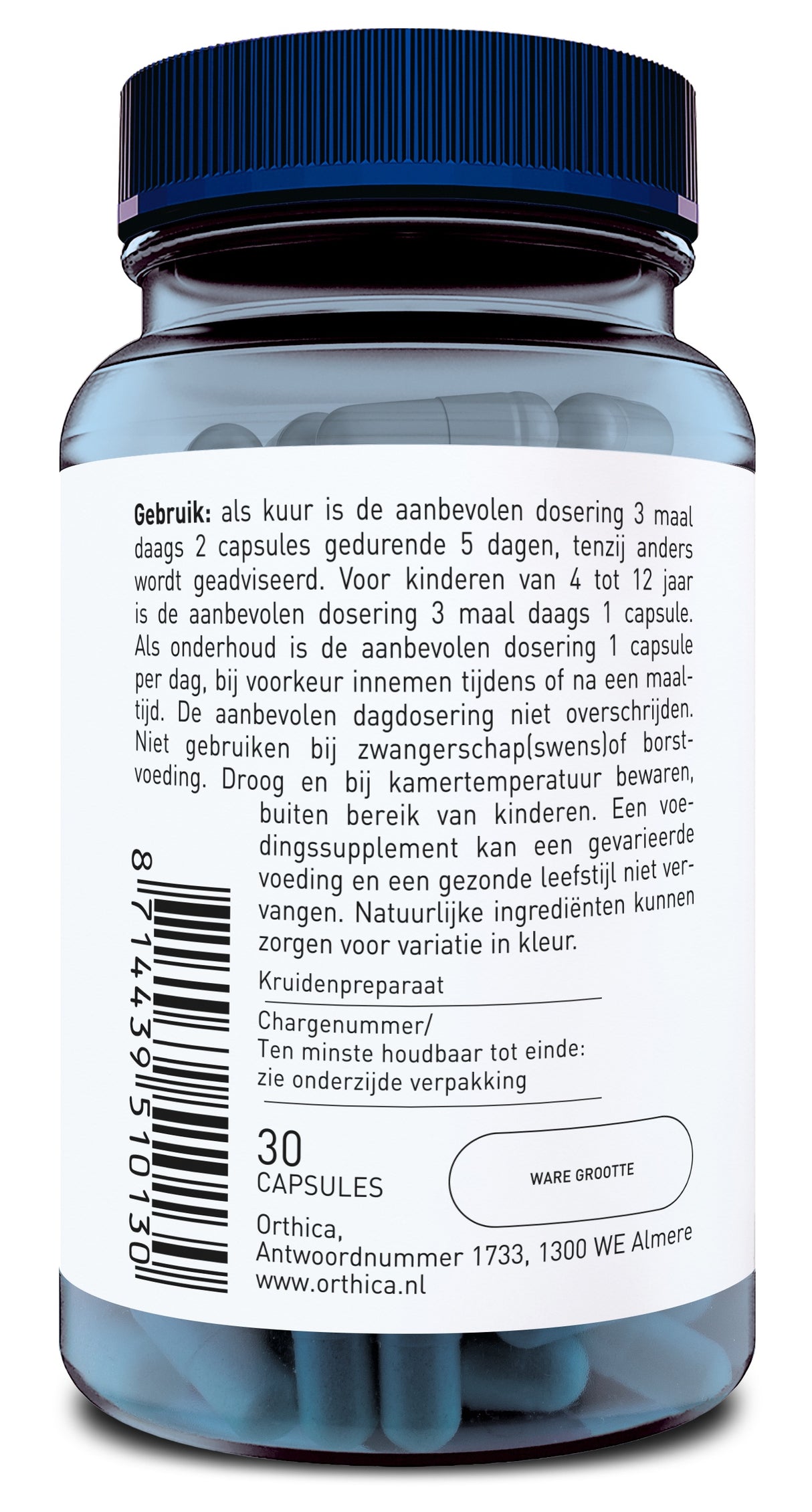 Das Bild zeigt eine blaue Kunststoffdose mit einem Etikett in niederländischer Sprache. Die Dose enthält 30 Kapseln eines Nahrungsergänzungsmittels der Marke Orthica. Das Etikett gibt Gebrauchsanweisungen und Informationen zur Dosierung. Ein Barcode und die Adresse des Herstellers in Almere, Niederlande, sind ebenfalls sichtbar.