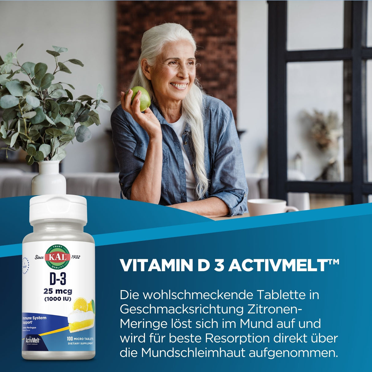 Eine ältere Frau hält einen Apfel und lächelt. Neben ihr steht ein Eukalyptusstrauß. Unten links ist ein Vitamin D-3 Produkt abgebildet.