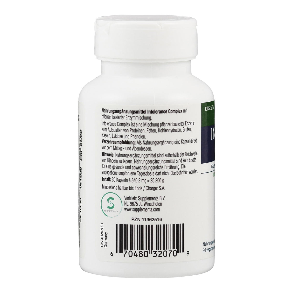 Weiße Flasche mit Etikett für Nahrungsergänzungsmittel 'Intolerance Complex'. Enthält pflanzliche Enzyme. Verzehrempfehlung und Hinweise aufgedruckt.