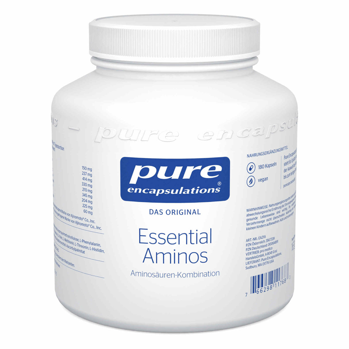 Ein weißer Behälter der Marke "pure encapsulations" mit der Aufschrift "Essential Aminos". Der Behälter enthält 180 vegane Kapseln einer Aminosäuren-Kombination. Auf der Verpackung sind Nährwertangaben und ein Barcode zu sehen. Der Behälter steht aufrecht und ist aus Kunststoff.