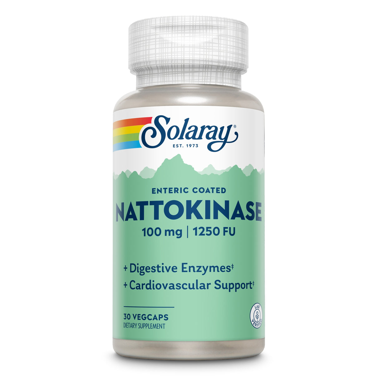 Flasche mit Nahrungsergänzungsmittel "Nattokinase 100 mg | 1250 FU" von Solaray, 30 Vegcaps, unterstützt Verdauung und Herz-Kreislauf.