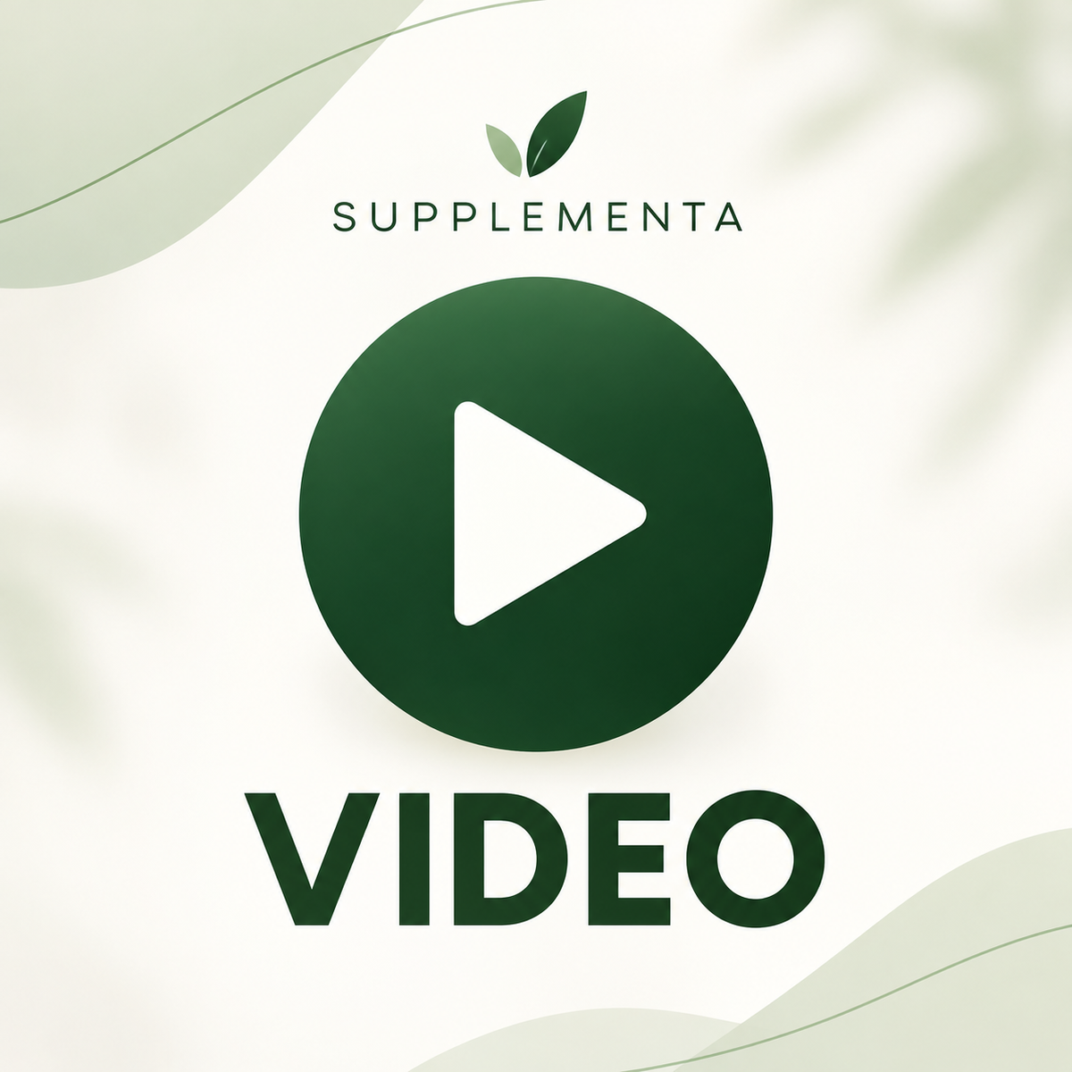 Das Bild zeigt ein Logo mit dem Wort 'SUPPLEMENTA' in Großbuchstaben über einem großen Play-Symbol. Darunter steht das Wort 'VIDEO' in Großbuchstaben. Der Hintergrund ist hell mit sanften, grünen Blattmotiven, die eine natürliche und beruhigende Atmosphäre schaffen. Das Design ist minimalistisch und modern, mit einem Fokus auf natürliche Gesundheit und Wellness.