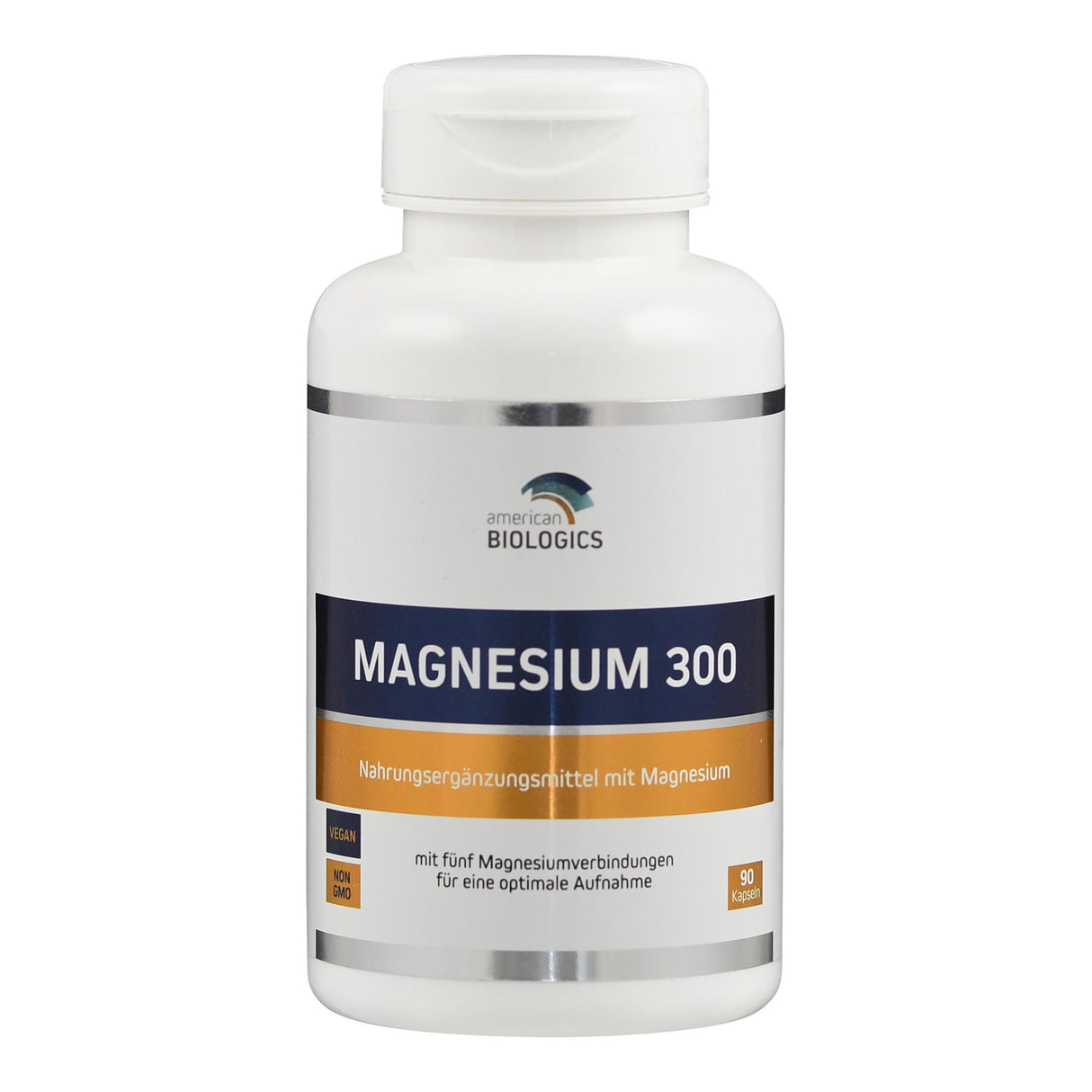 Eine weiße Plastikflasche mit einem Etikett, das "Magnesium 300" von American Biologics zeigt. Das Etikett ist blau und orange mit der Aufschrift "Nahrungsergänzungsmittel mit Magnesium". Unten steht "VEGAN" und "NON GMO". Die Flasche enthält 90 Kapseln.