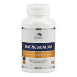Eine weiße Plastikflasche mit einem Etikett, das "Magnesium 300" von American Biologics zeigt. Das Etikett ist blau und orange mit der Aufschrift "Nahrungsergänzungsmittel mit Magnesium". Unten steht "VEGAN" und "NON GMO". Die Flasche enthält 90 Kapseln.