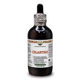 Das Bild zeigt eine dunkle Glasflasche mit einem Tropfverschluss. Auf dem Etikett steht "Hawaii Pharm Cilantro". Die Flasche enthält 120 ml und ist als Kräuterergänzung gekennzeichnet. Das Etikett gibt an, dass es sich um ein natürliches Produkt handelt.