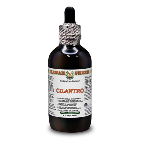 Das Bild zeigt eine dunkle Glasflasche mit einem Tropfverschluss. Auf dem Etikett steht "Hawaii Pharm Cilantro". Die Flasche enthält 120 ml und ist als Kräuterergänzung gekennzeichnet. Das Etikett gibt an, dass es sich um ein natürliches Produkt handelt.