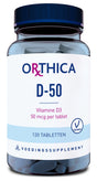 Eine Flasche mit einem blauen Deckel, die das Nahrungsergänzungsmittel Orthica D-50 enthält. Auf dem Etikett steht: 'Vitamine D3, 50 mcg pro Tablette, 120 Tabletten, vegetarisch'.