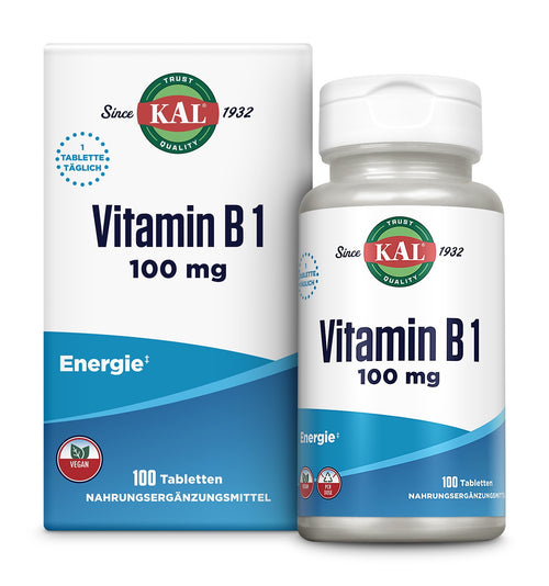 Verpackung und Flasche von KAL Vitamin B1, 100 mg, 100 Tabletten. Enthält Angaben wie vegan, Energie, Nahrungsergänzungsmittel.